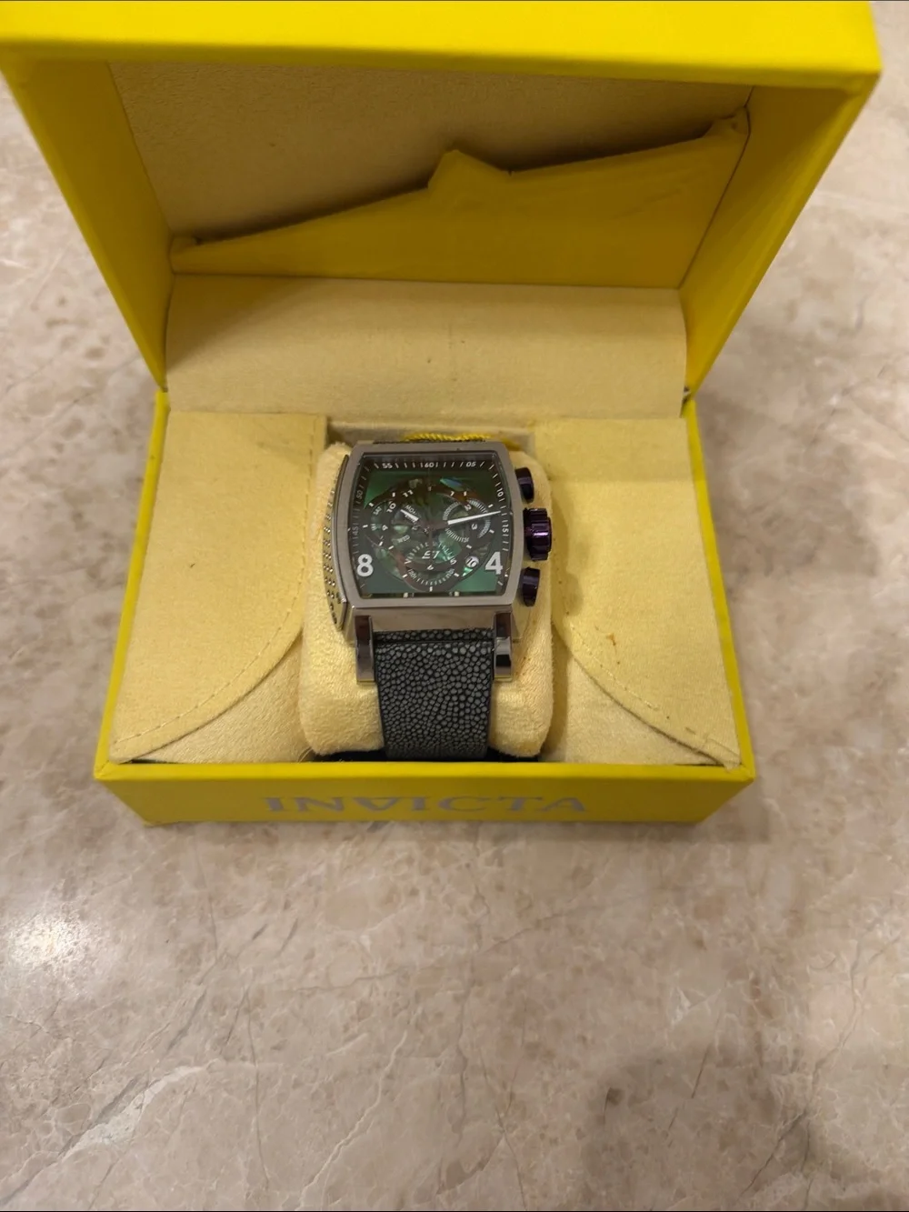 Invicta Men's Green Dial Chronograph Watch with Black Strap and Purple Accents